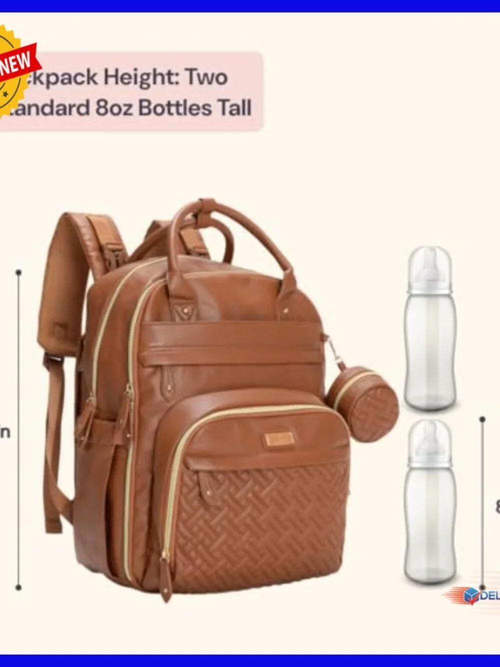 Large Vegan Leather Diaper Backpack with Changing Pad, Water Resistant, 26L